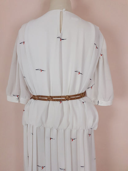 Vintage White Chiffon Pleated Dress 1980s Midi - Size 16/18 Abstract Print