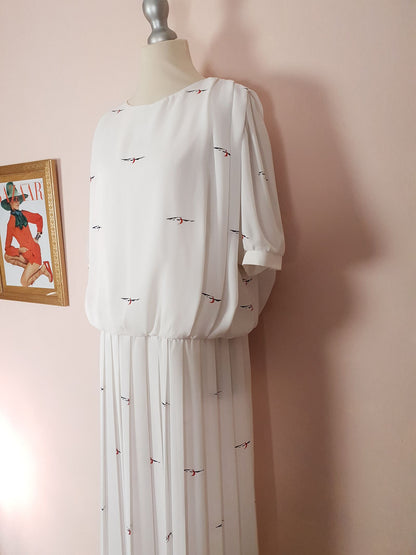 Vintage White Chiffon Pleated Dress 1980s Midi - Size 16/18 Abstract Print