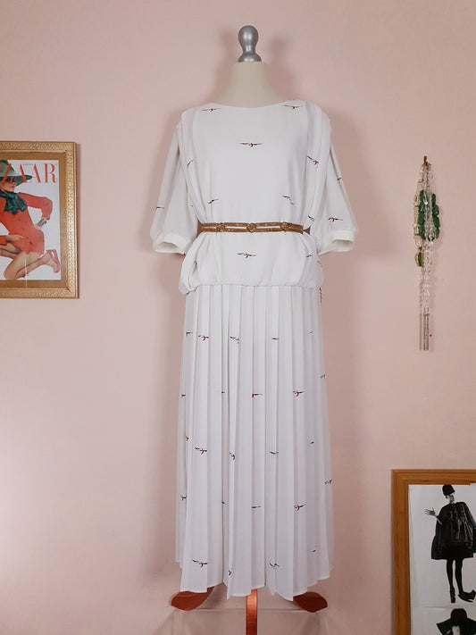 Vintage White Chiffon Pleated Dress 1980s Midi - Size 16/18 Abstract Print