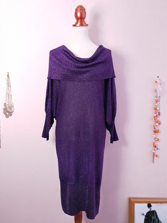 Vintage 90s Purple Dress Midi Party Glitter - Size 12 / 14