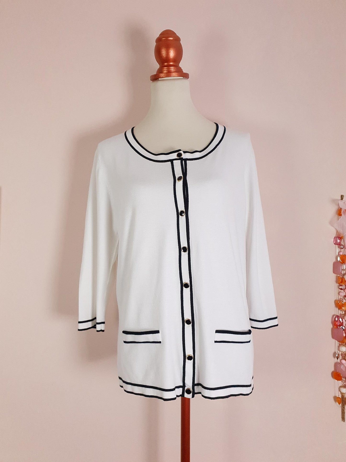 Vintage 90s White & Black Cardigan Size 16/18 Monochrome Preppy