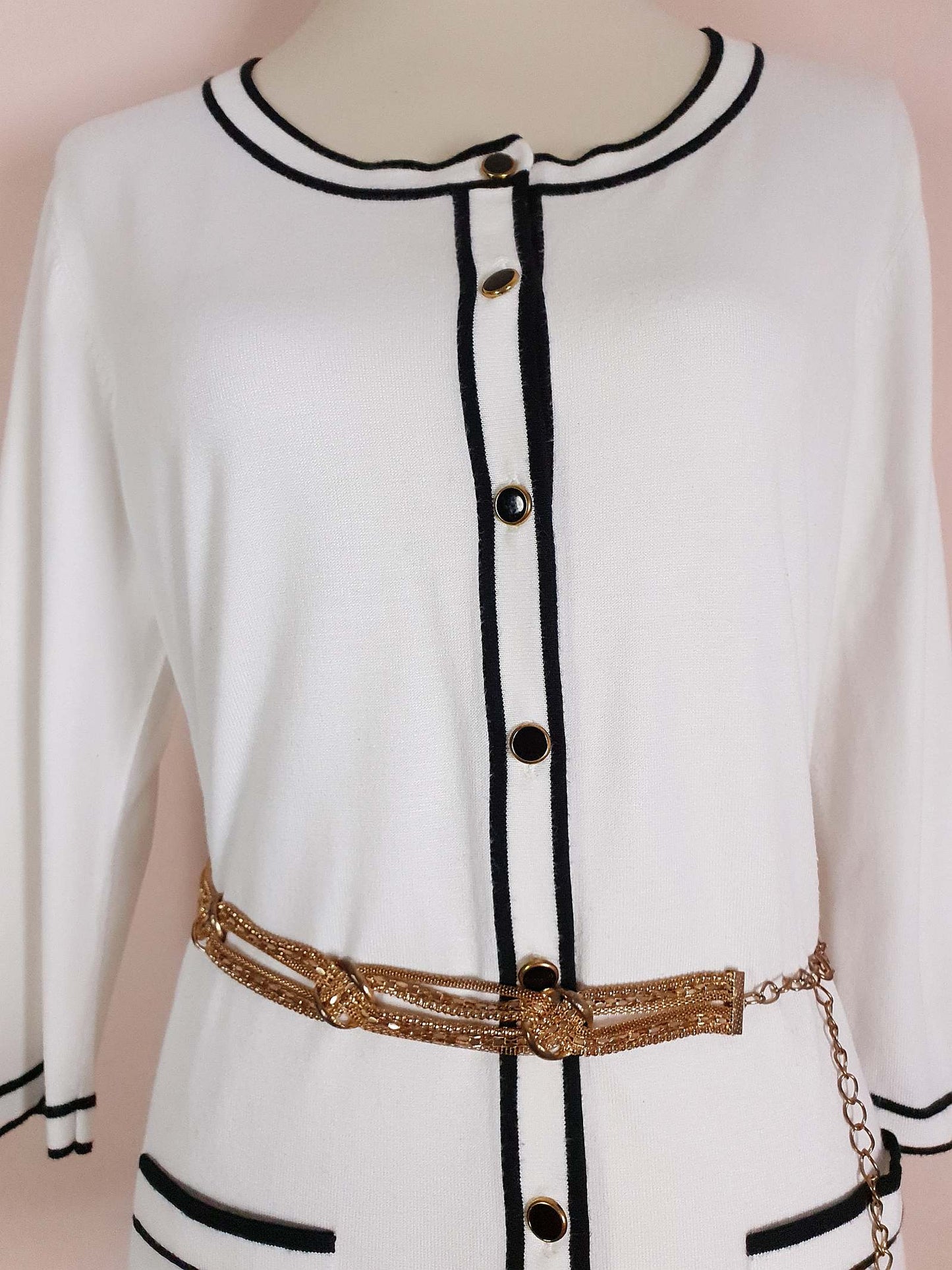 Vintage 90s White & Black Cardigan Size 16/18 Monochrome Preppy