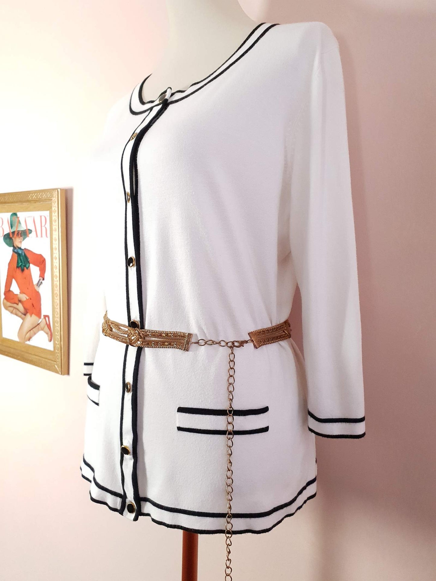 Vintage 90s White & Black Cardigan Size 16/18 Monochrome Preppy