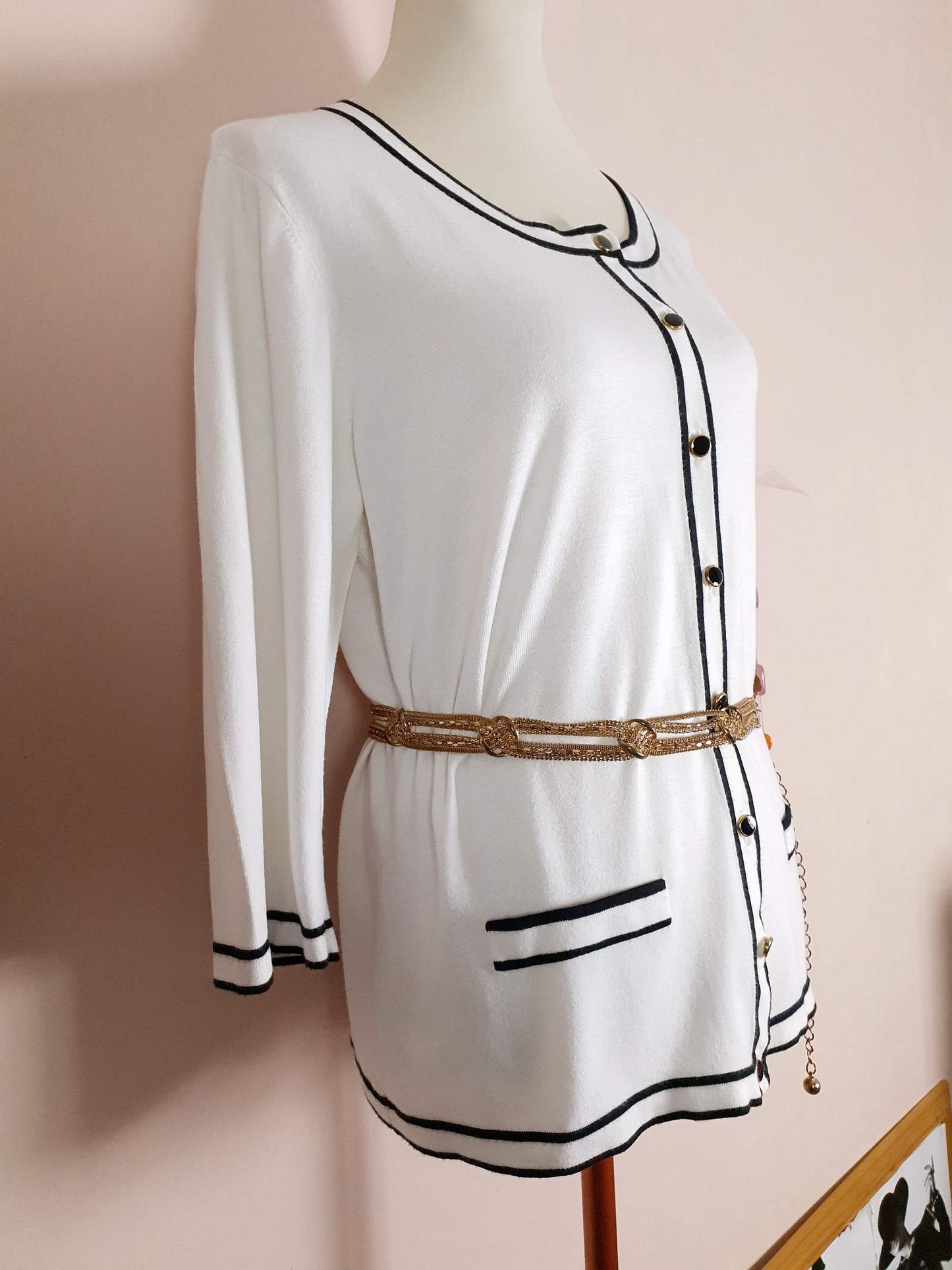 Vintage 90s White & Black Cardigan Size 16/18 Monochrome Preppy