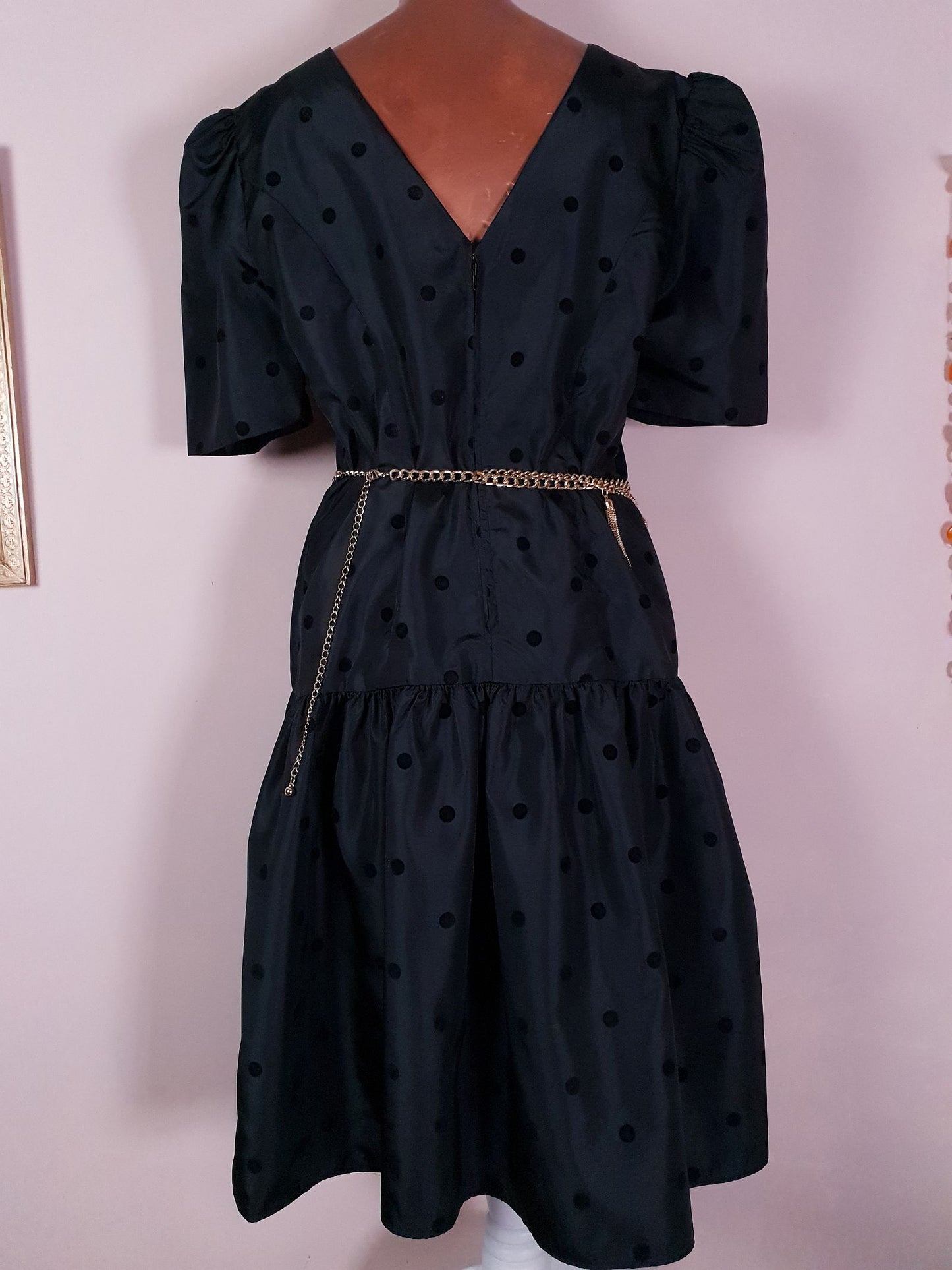 Classic 1980s Vintage Dotty Black Polka Dot Party Dress - Size 12/14