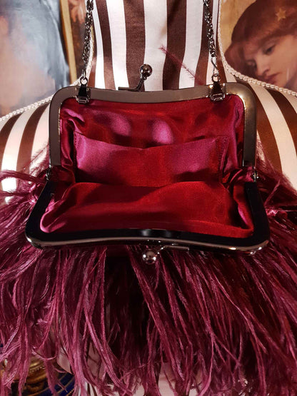 Vintage Burgundy Ostrich Feather Evening Bag Red Handbag