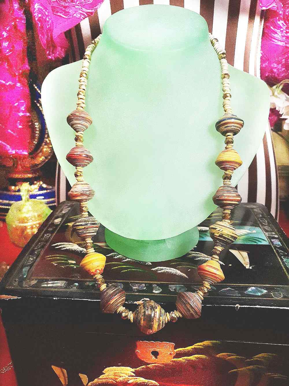 Vintage 1970s Boho Bead Necklace 22" Bohemian Artisan  Multicolour