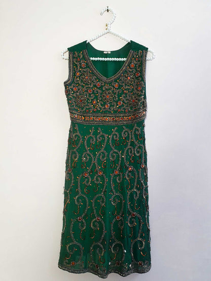 70s Vintage Dark Green Chiffon Beaded Sequin Bohemian Dress - Size 8/10