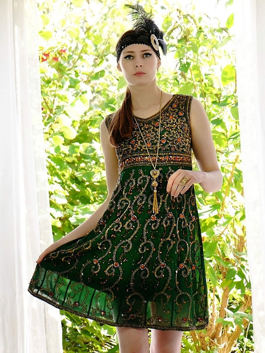 70s Vintage Dark Green Chiffon Beaded Sequin Bohemian Dress - Size 8/10