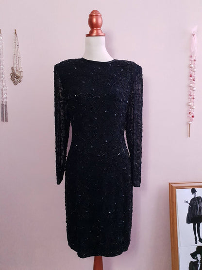 Vintage 1980s Beaded Black Dress - Size 10