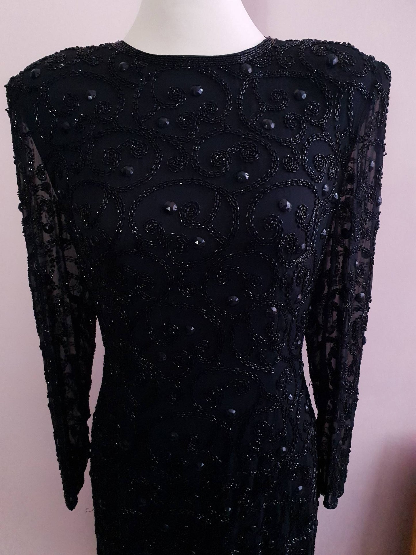 Vintage 1980s Beaded Black Dress - Size 10