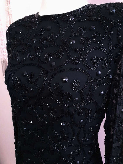 Vintage 1980s Beaded Black Dress - Size 10