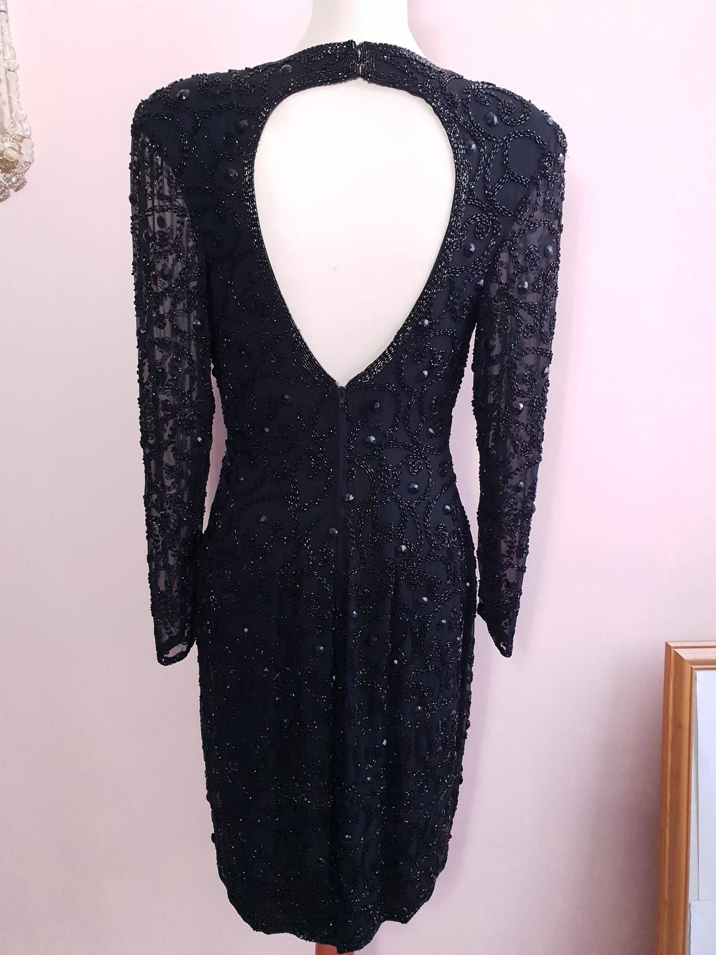 Vintage 1980s Beaded Black Dress - Size 10