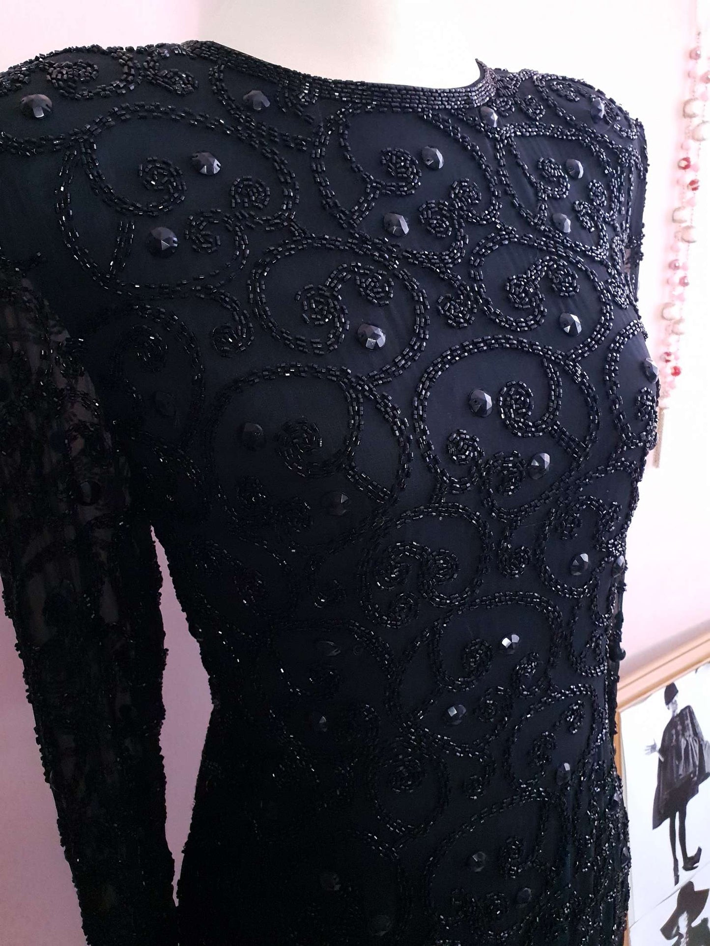 Vintage 1980s Beaded Black Dress - Size 10