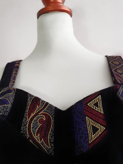 1980s Vintage Black Velvet Aztec Evening Dress - Size 12