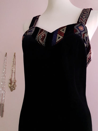 1980s Vintage Black Velvet Aztec Evening Dress - Size 12