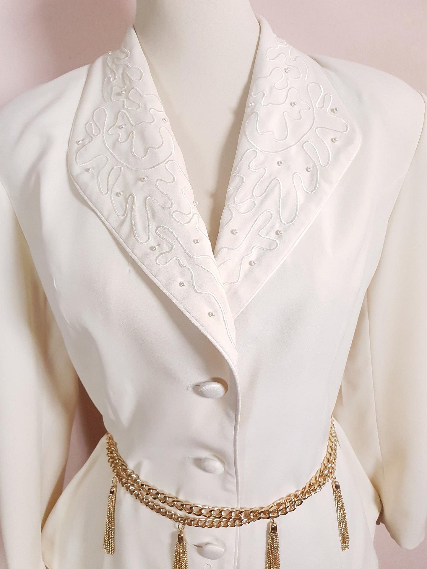Vintage Cream Embroidery Pearl Jacket 1980s Retro