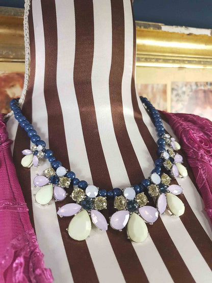 Vintage Flower Rhinestone Statement Bib Necklace Blue Lilac Lime Green Floral 90s