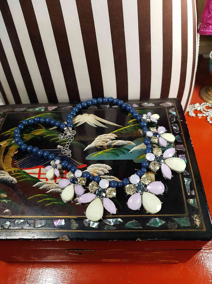 Vintage Flower Rhinestone Statement Bib Necklace Blue Lilac Lime Green Floral 90s