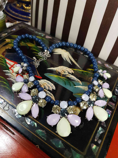 Vintage Flower Rhinestone Statement Bib Necklace Blue Lilac Lime Green Floral 90s