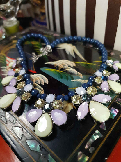 Vintage Flower Rhinestone Statement Bib Necklace Blue Lilac Lime Green Floral 90s