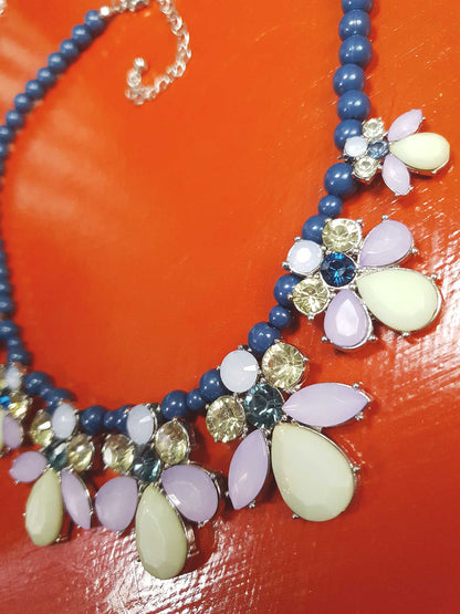 Vintage Flower Rhinestone Statement Bib Necklace Blue Lilac Lime Green Floral 90s