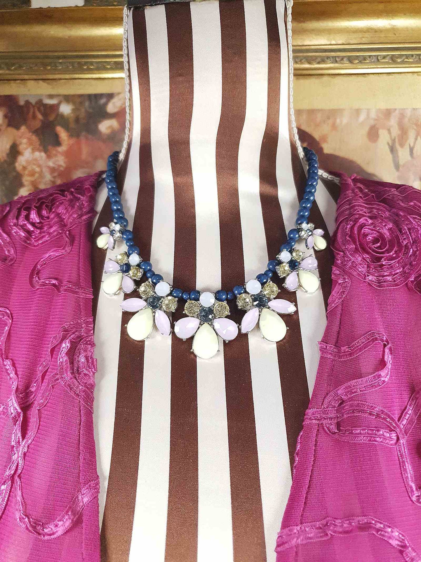 Vintage Flower Rhinestone Statement Bib Necklace Blue Lilac Lime Green Floral 90s