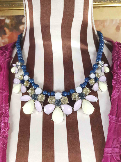 Vintage Flower Rhinestone Statement Bib Necklace Blue Lilac Lime Green Floral 90s