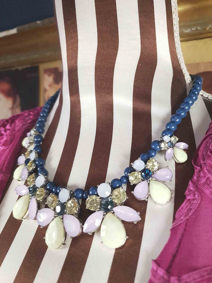 Vintage Flower Rhinestone Statement Bib Necklace Blue Lilac Lime Green Floral 90s