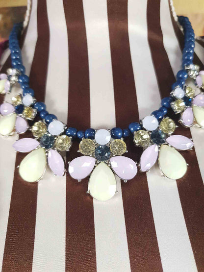 Vintage Flower Rhinestone Statement Bib Necklace Blue Lilac Lime Green Floral 90s
