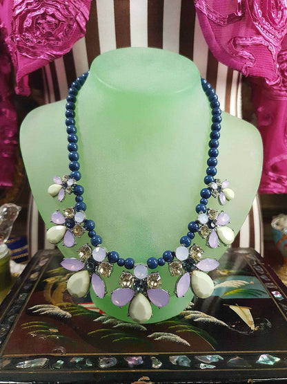 Vintage Flower Rhinestone Statement Bib Necklace Blue Lilac Lime Green Floral 90s
