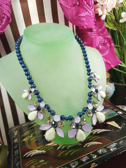 Vintage Flower Rhinestone Statement Bib Necklace Blue Lilac Lime Green Floral 90s
