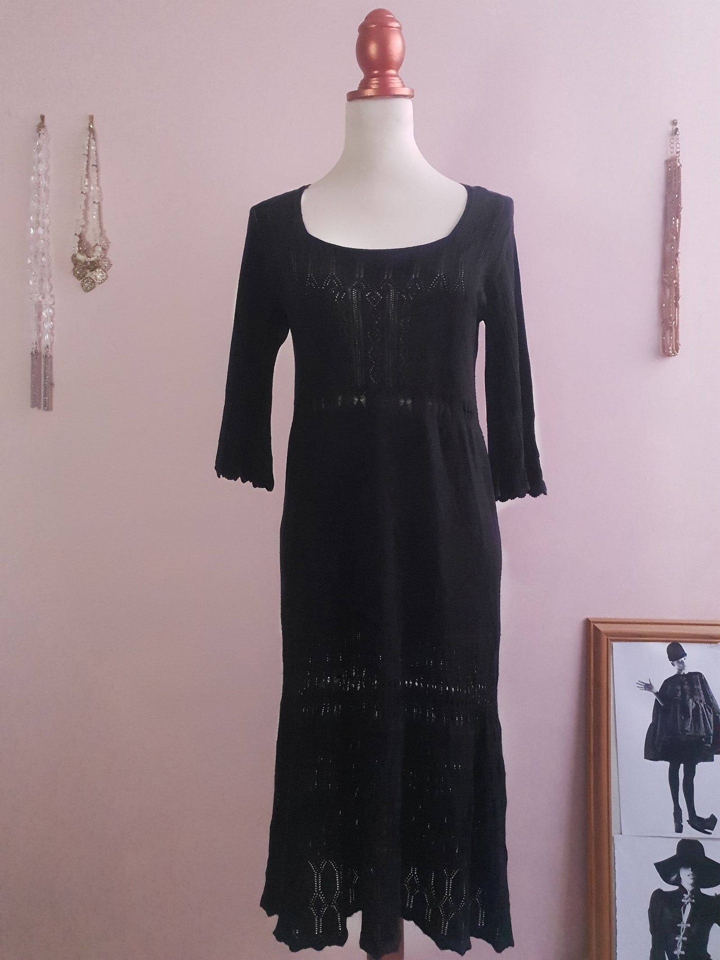 Cute 90s Vintage Black Knit Midi Dress - Size 12