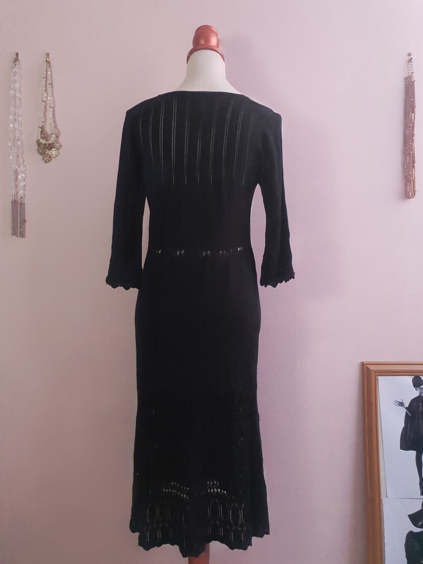 Cute 90s Vintage Black Knit Midi Dress - Size 12