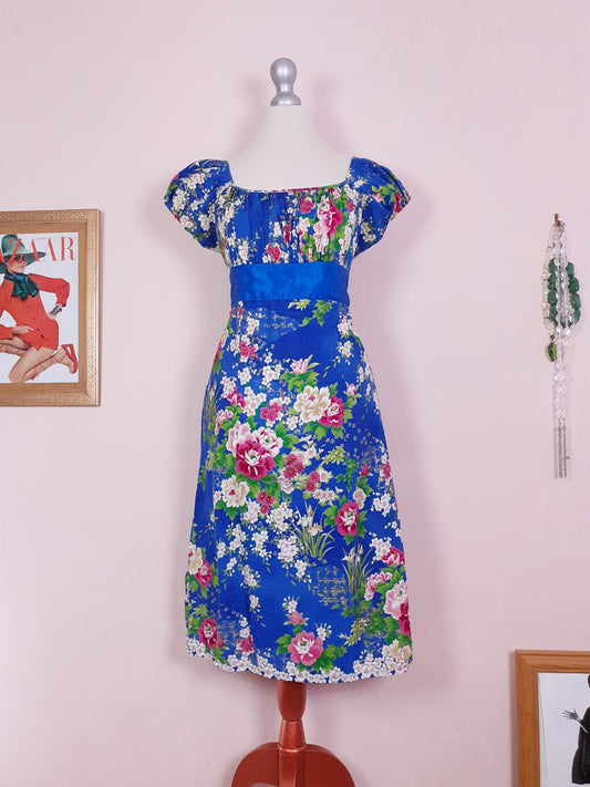 Vintage 90s Blue Floral Dress Midi Size 8/10 Cotton