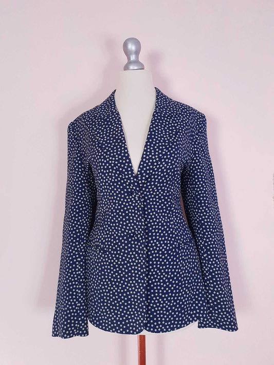 Vintage 90s Navy Blue Silk Blazer Jacket Size 10 Polka Dot Jasper Conran