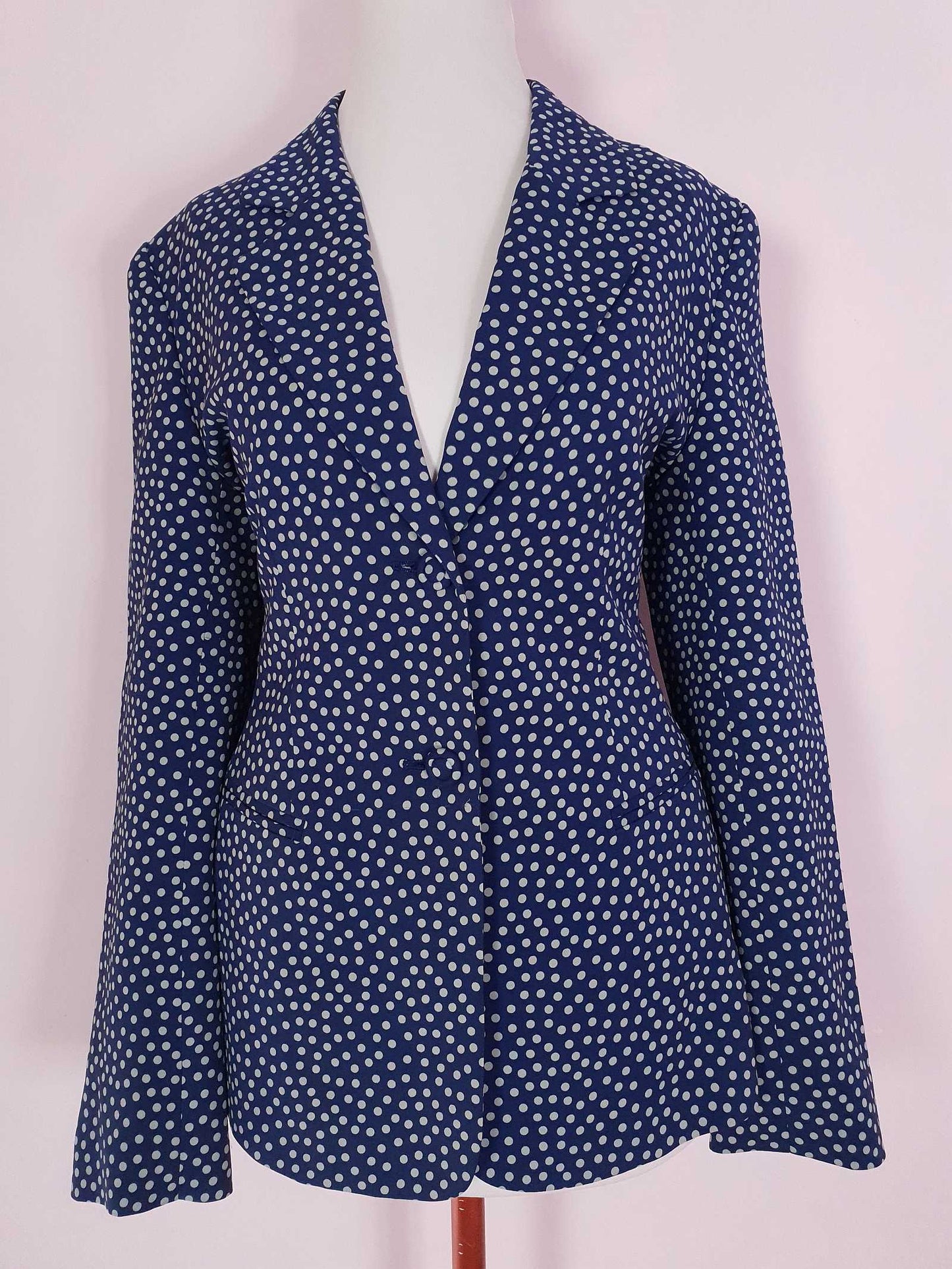 Vintage 90s Navy Blue Silk Blazer Jacket Size 10 Polka Dot Jasper Conran