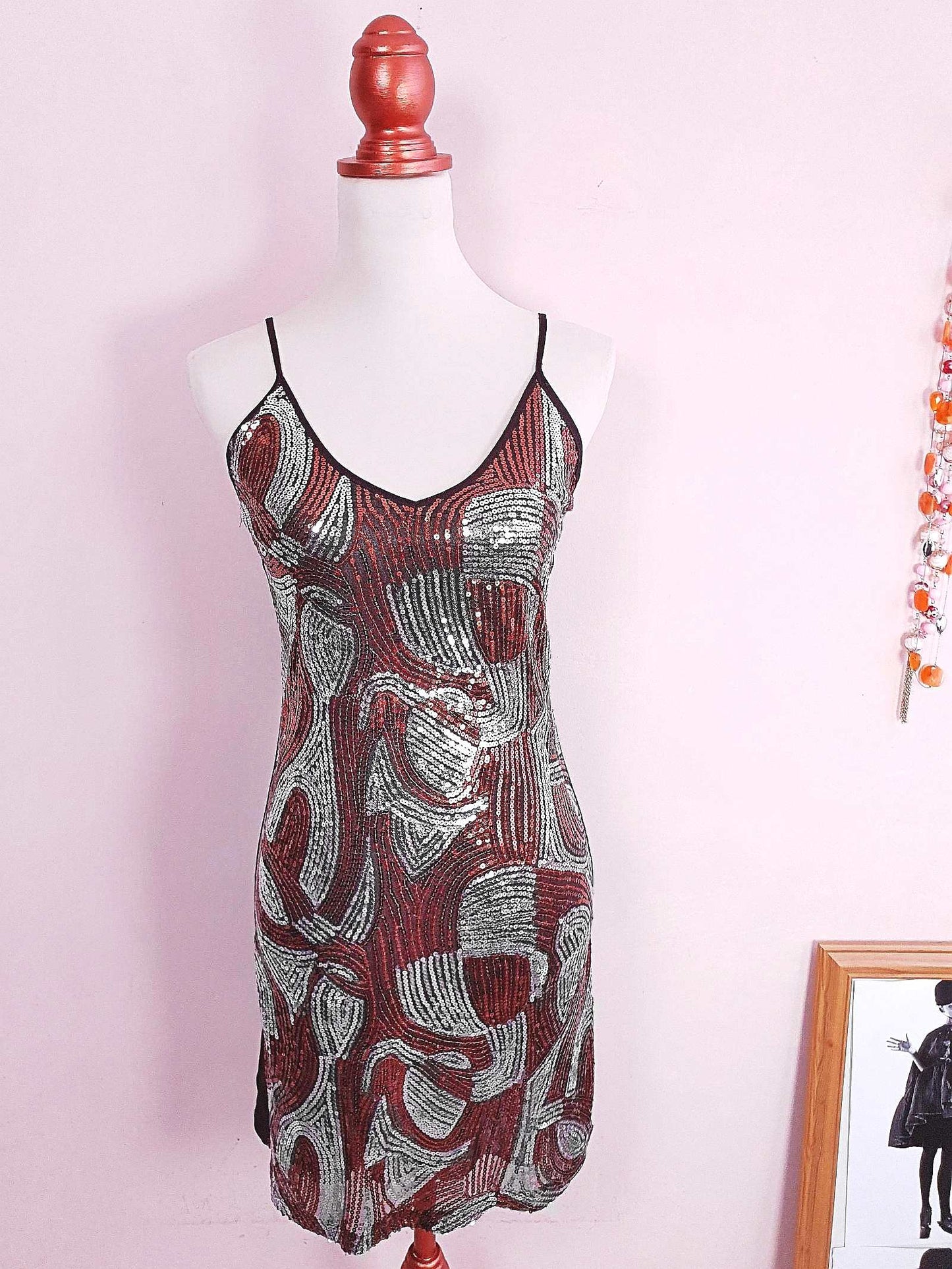 90s Vintage Sequin Party Dress Copper Silver  - Size 10/12