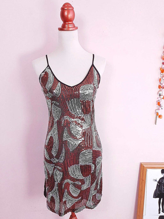 90s Vintage Copper Silver Sequin Party Dress - Size 10/12