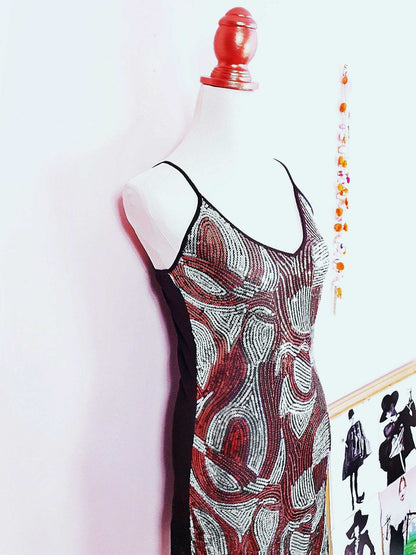 90s Vintage Sequin Party Dress Copper Silver  - Size 10/12