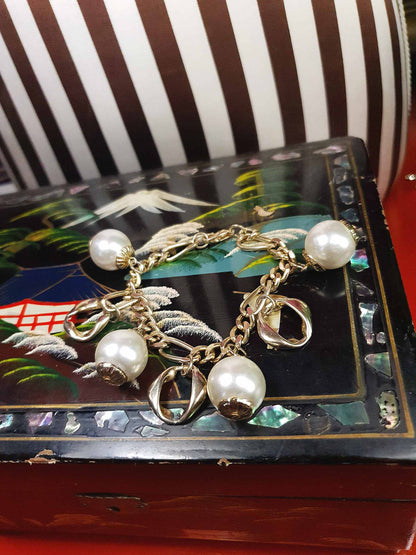 Vintage White Glass Pearl Charm Bracelet 90s