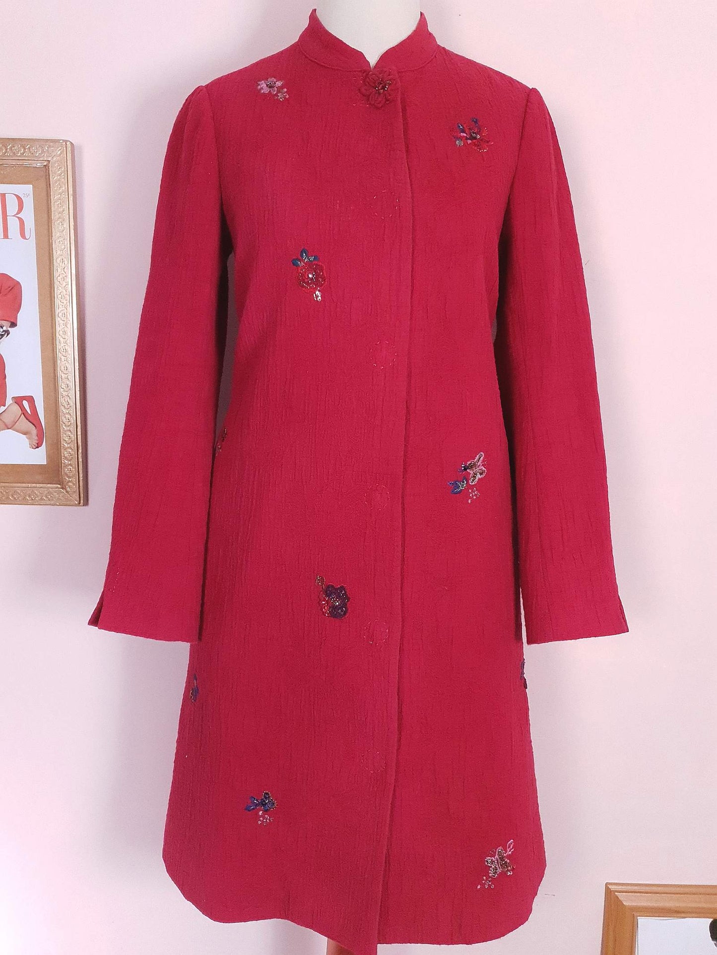 Vintage Japanese Red Floral Embroidered Coat 90s Ladies Butterfly Sequins