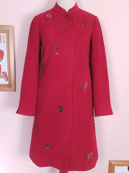 Vintage Japanese Red Floral Embroidered Coat 90s Ladies Butterfly Sequins