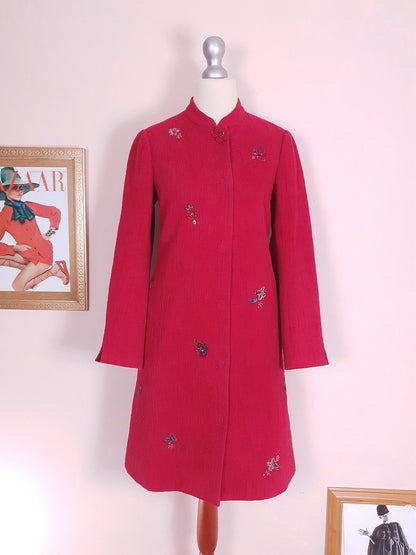 Vintage Japanese Red Floral Embroidered Coat 90s Ladies Butterfly Sequins