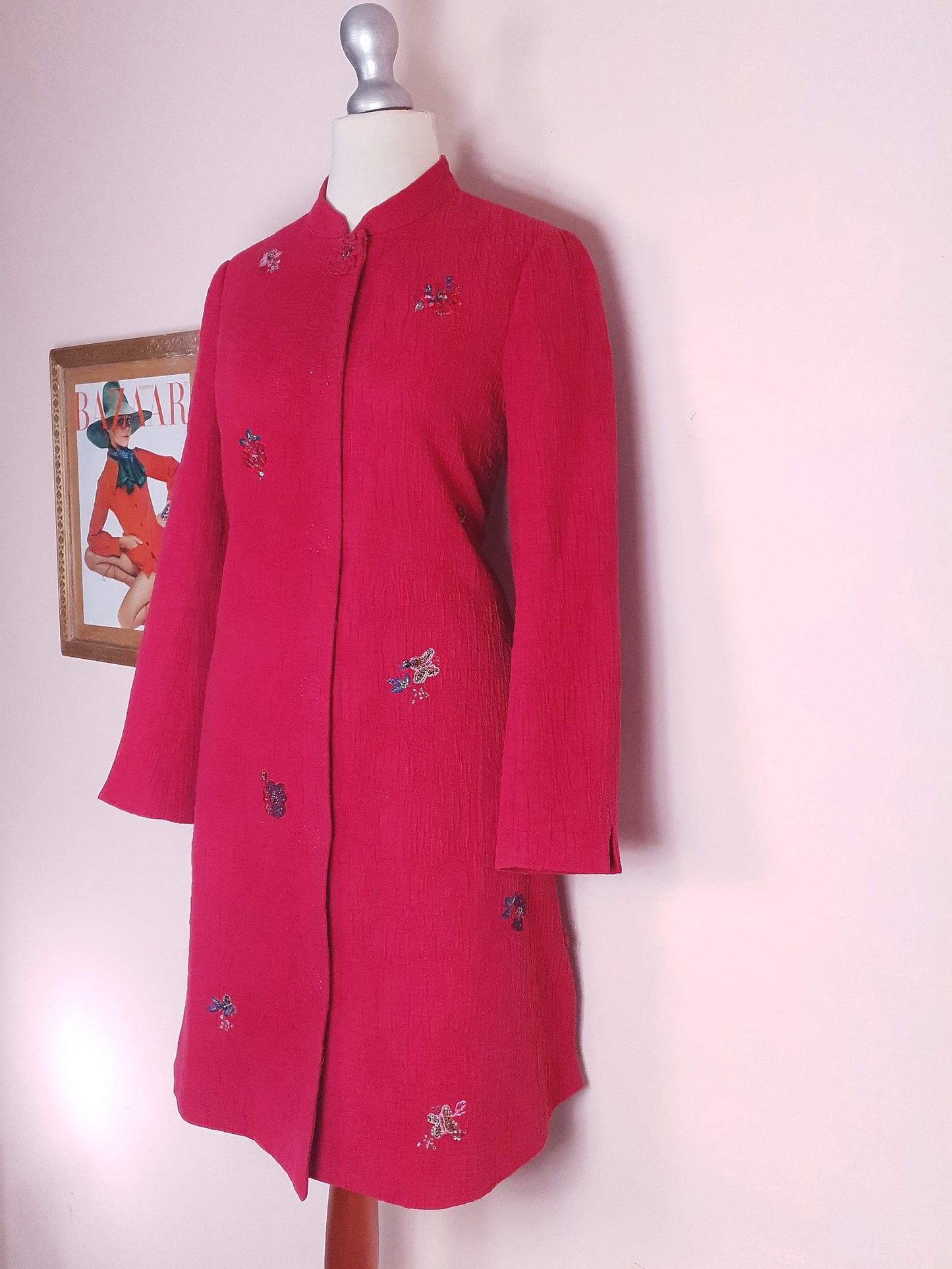 Vintage Japanese Red Floral Embroidered Coat 90s Ladies Butterfly Sequins