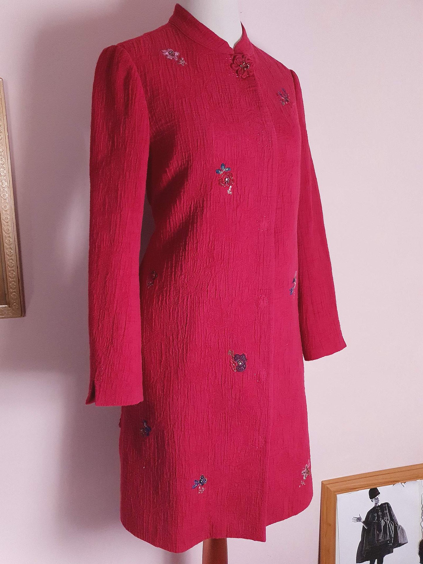 Vintage Japanese Red Floral Embroidered Coat 90s Ladies Butterfly Sequins