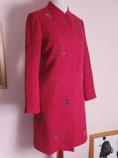 Vintage Japanese Red Floral Embroidered Coat 90s Ladies Butterfly Sequins