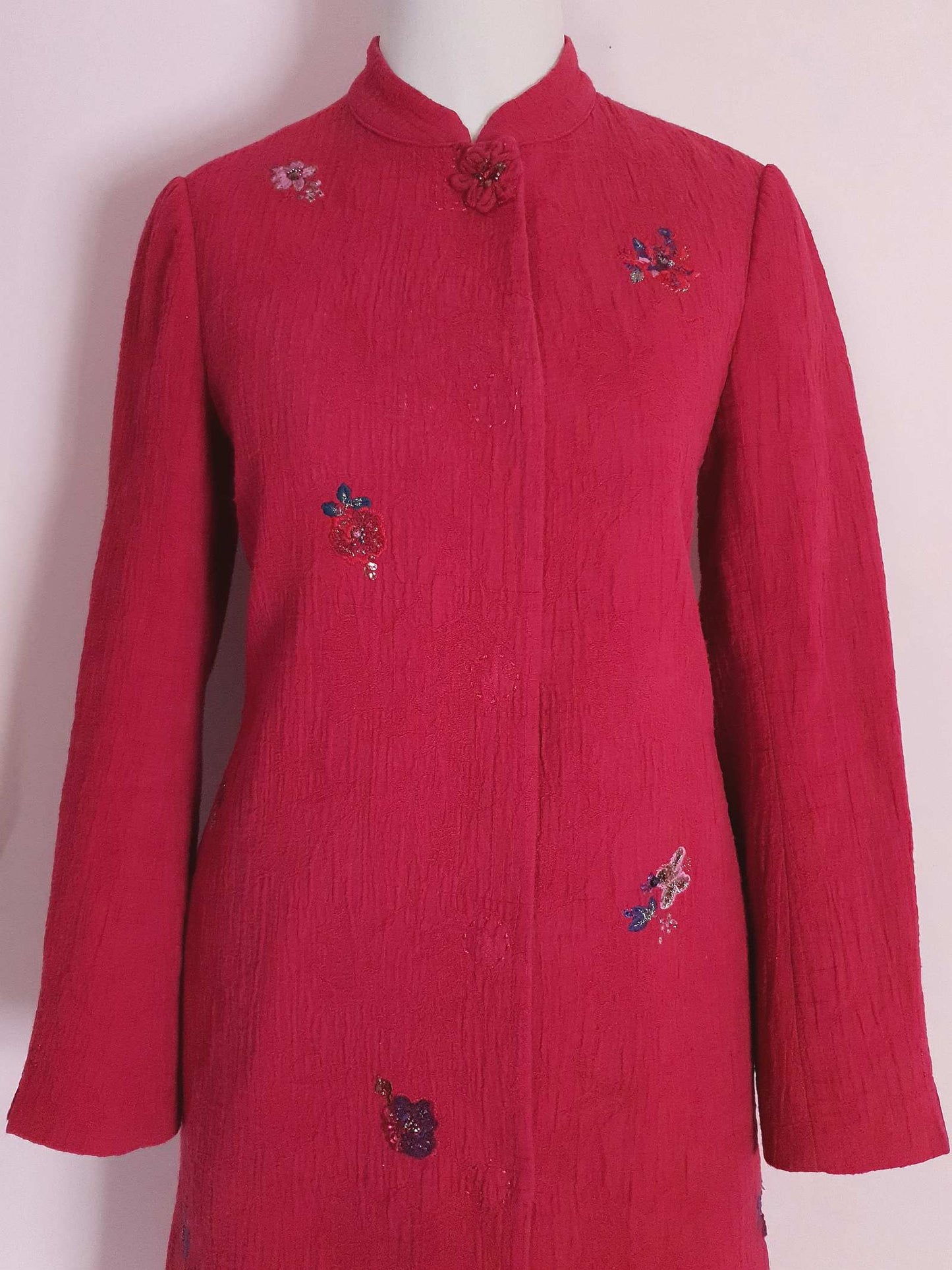 Vintage Japanese Red Floral Embroidered Coat 90s Ladies Butterfly Sequins