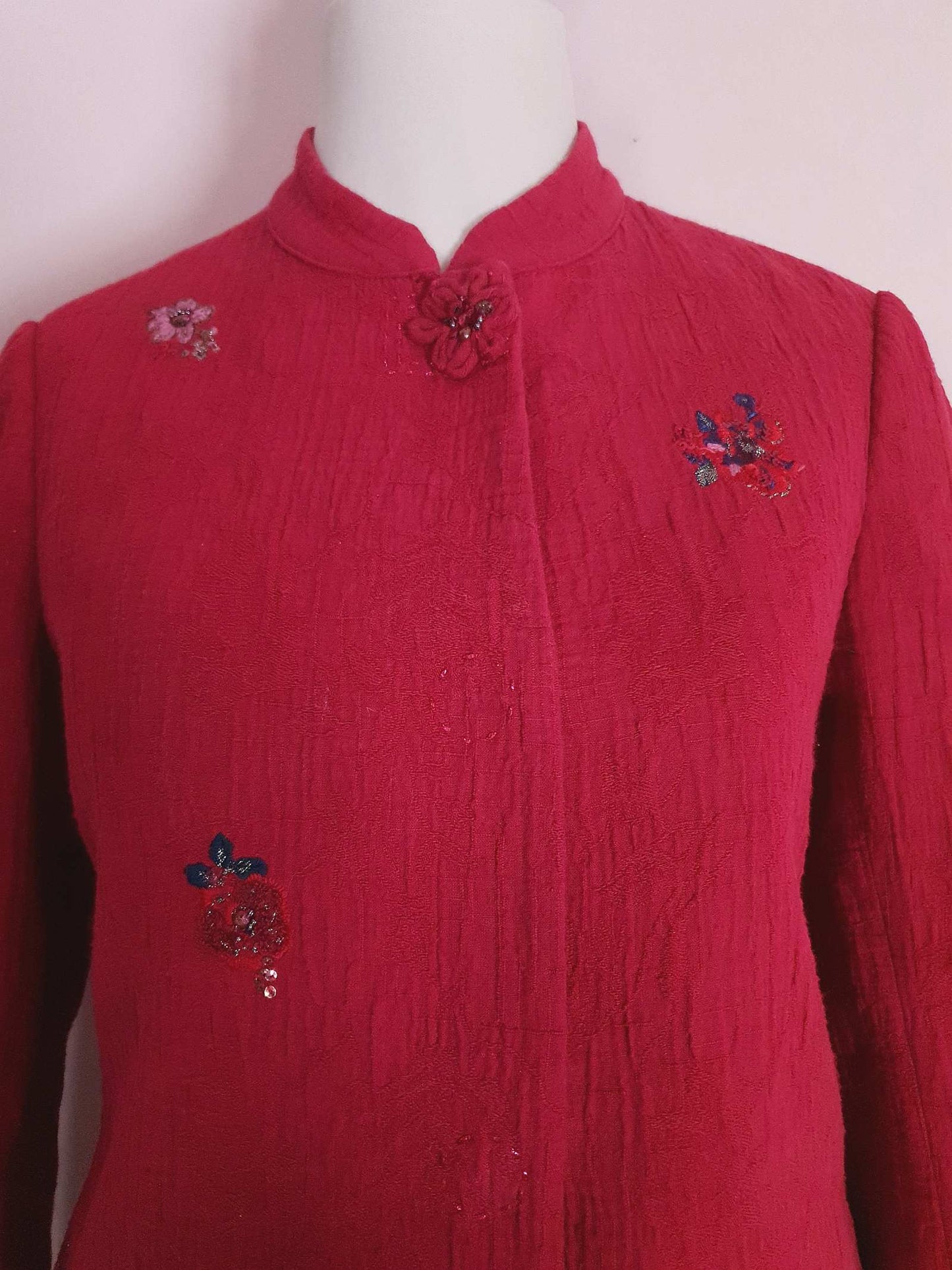 Vintage Japanese Red Floral Embroidered Coat 90s Ladies Butterfly Sequins
