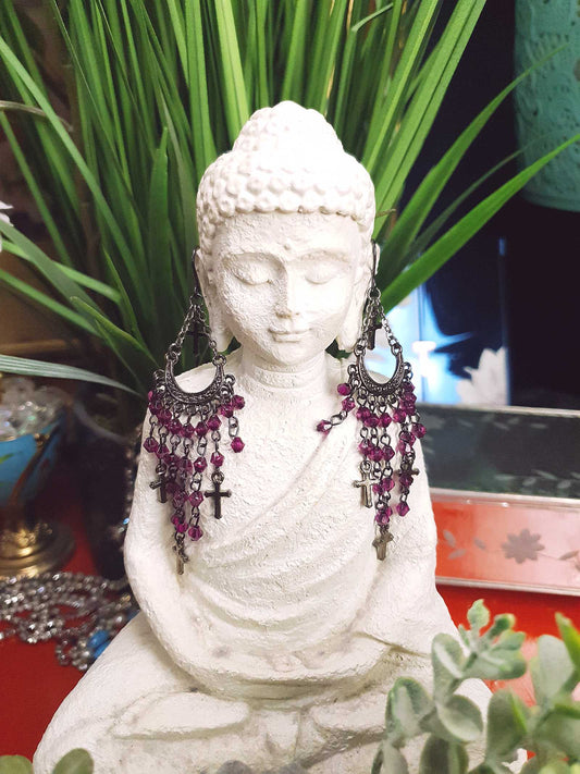 90s Vintage Purple Rhinestone Boho Dangle Earrings